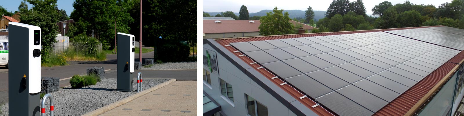 Bild zeigt auf linken Seite zwei Ladesäulen für E-Autos auf dem Parkplatz der mebod und auf der rechten Seite einen Ausschnitt der Photovoltaikanlage auf dem Dach der mebod