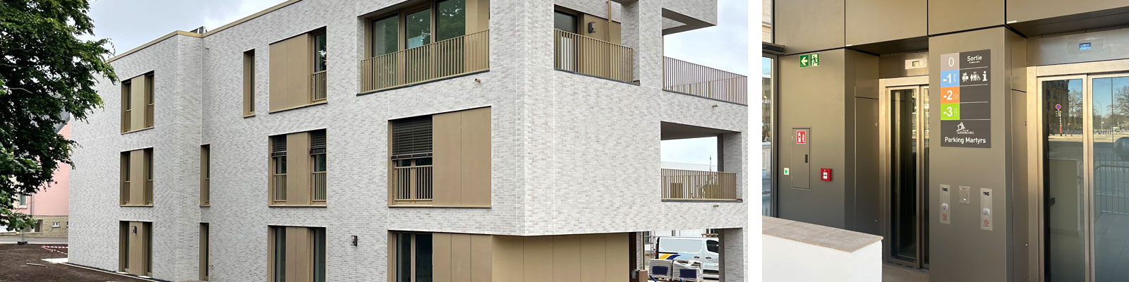 Ausschnitt Eingangsbereich Parkhaus mit Blechverkleidung um Fahrstühle.
