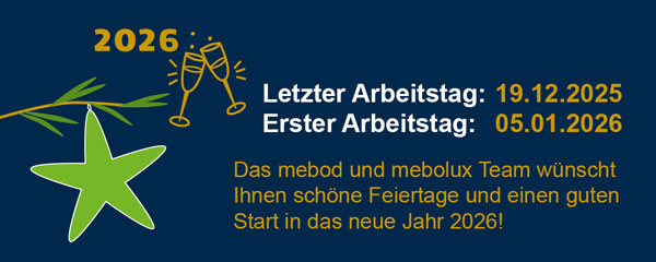 Weihnachtsgruß von mebod und mebolux Team mit Grafik Sternanhänger sowie 2 Weingläser anstoßend auf 2026. Hinweis auf Weihnachtsurlaub mit letzten und ersten Arbeitstag.